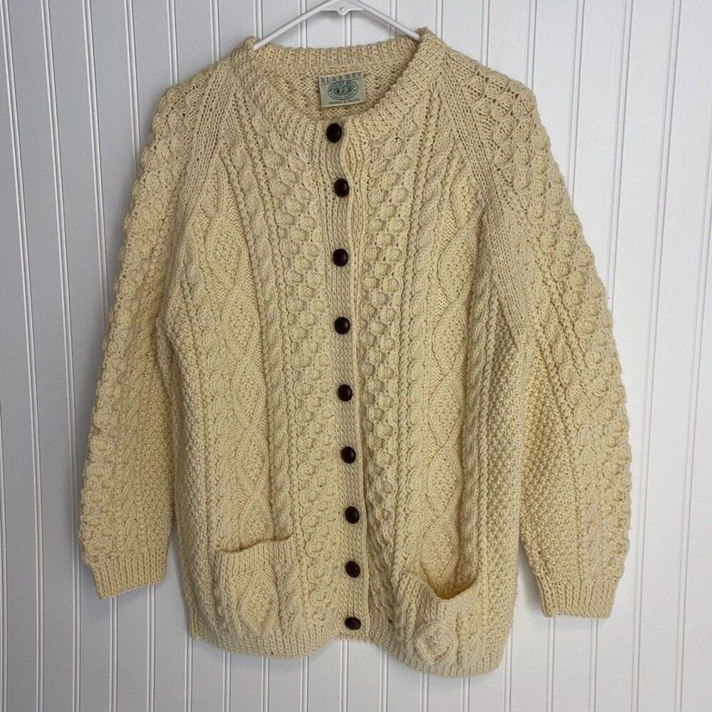 BLARNEY Vintage 100% Wool Cardigan Fisherman Sweater Womens Size XL Cottagcore